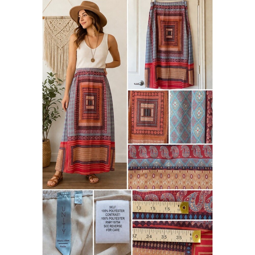 Uniti World Wear Petite L Boho Maxi Skirt Patchwork Medallion Festival Artsy.